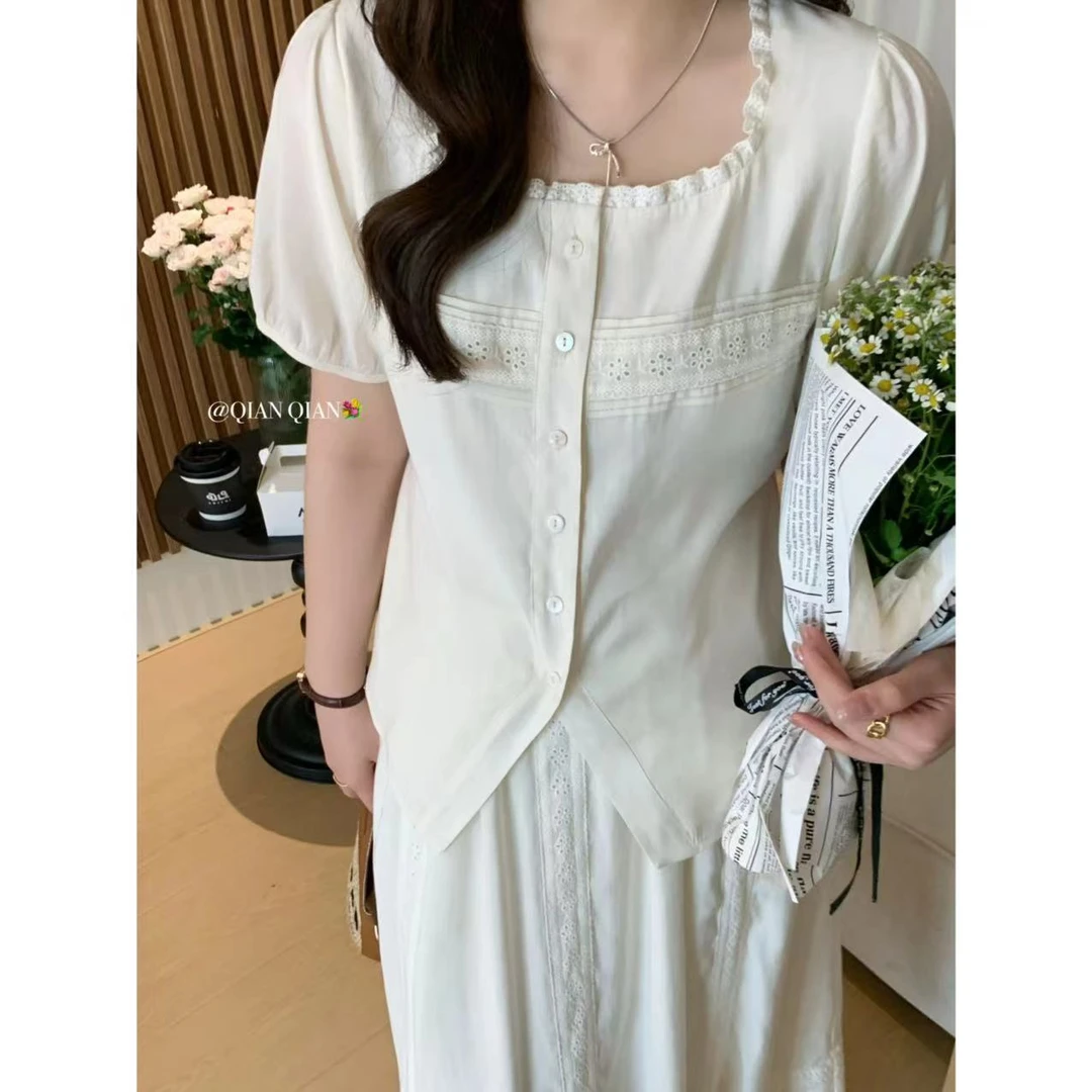 现货折扣6142D大婉酱微胖定制 方领短袖衬衫新品设计感薄款上衣女