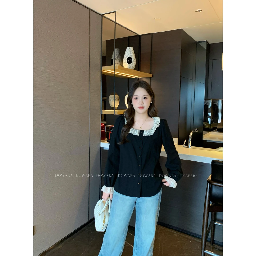现货折扣6257D大婉酱微胖千千定制 蕾丝衬衫设计感长袖上