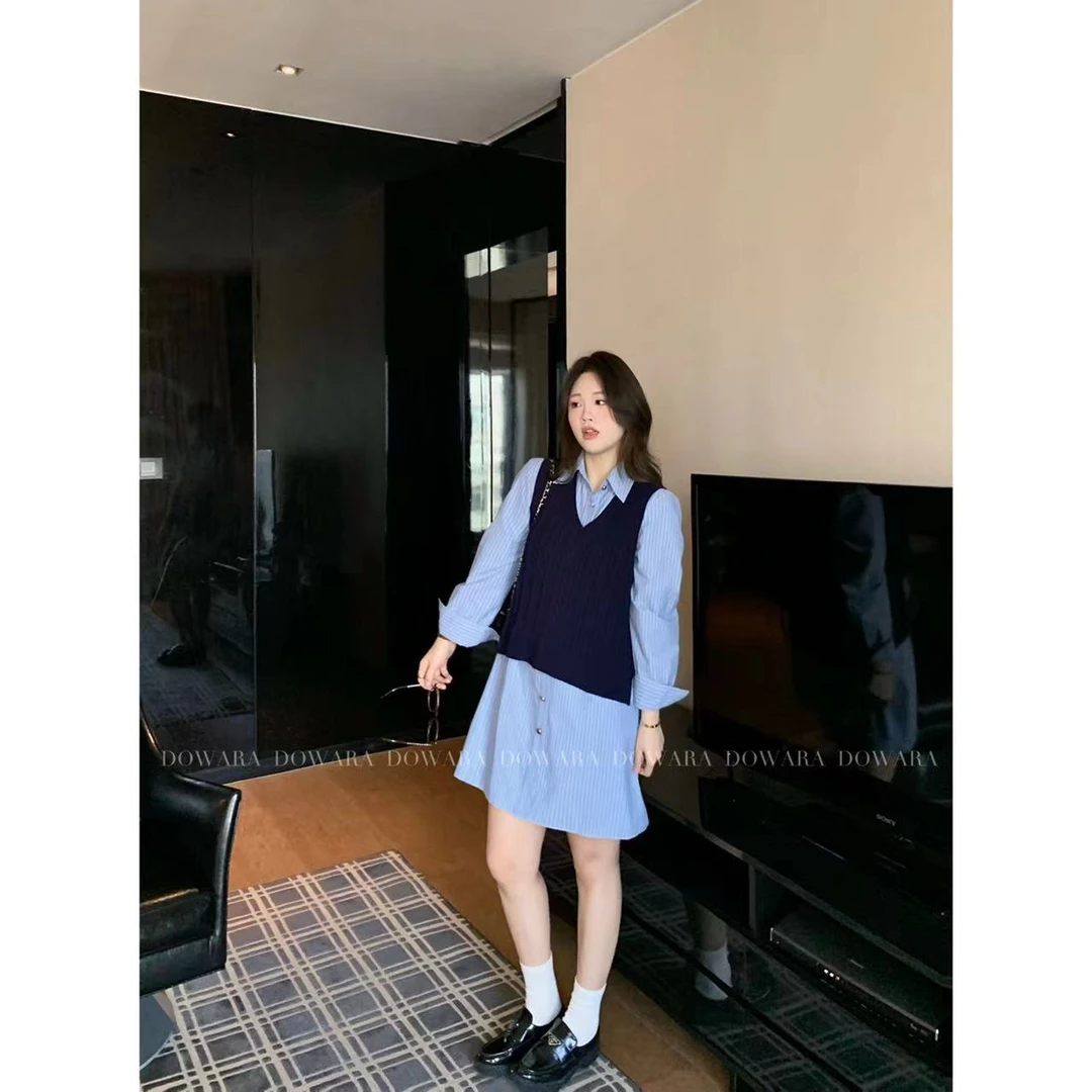 大婉酱微胖定制&千千【美式学院】条纹衬衫裙秋复古显瘦连衣裙5239D