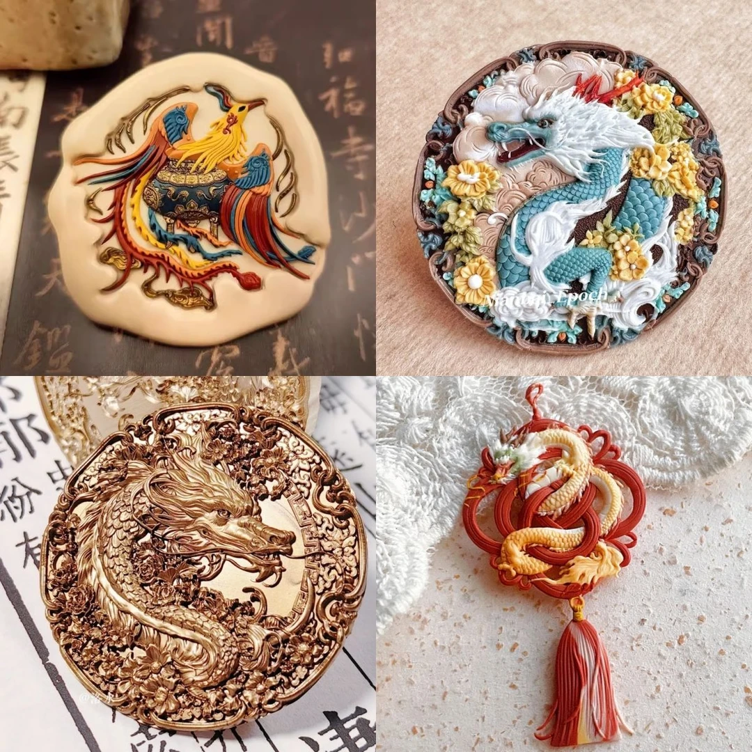 火漆印章中国结龙凤国风章头复古风竹子莲花异形浮雕多层汉服铜头