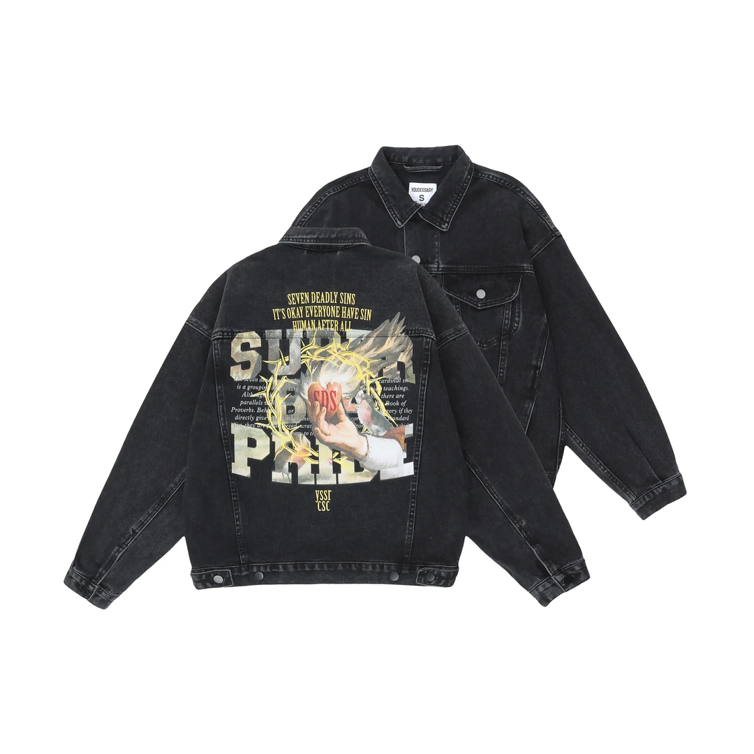 SURPASSSTREETYSSR数码黑色印花外套牛仔夹克休闲宽松短款