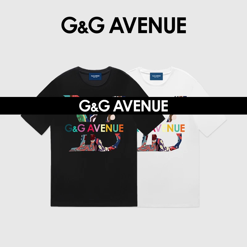 G&G Avenue旅游短袖宽松圆领热转印炫彩印花T恤夏季情侣嘻哈男士