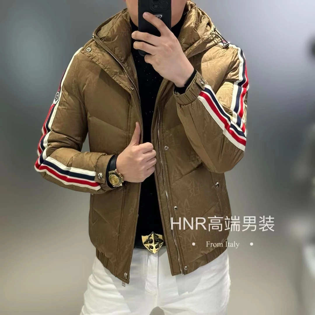 经典纯色手臂条纹织带高端男士休闲个性百搭潮流连帽羽绒服3020