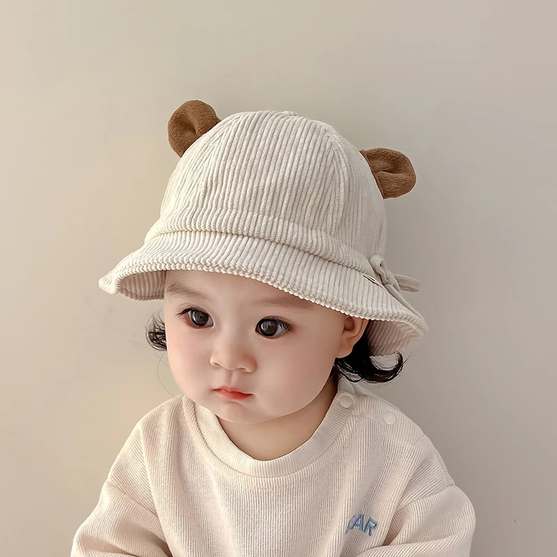 婴儿帽子秋季可爱小耳朵宝宝渔夫帽灯芯绒可调节婴幼儿男女童盆帽