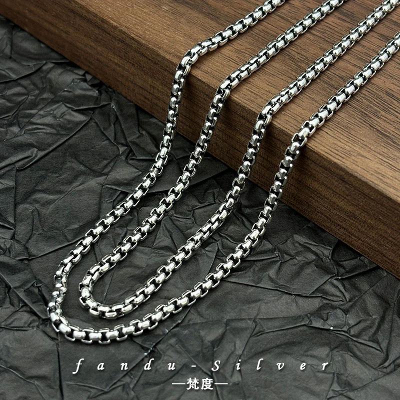 链子925银 纯银简约百搭盒子项链男女时尚潮流个性方扣毛衣链素款