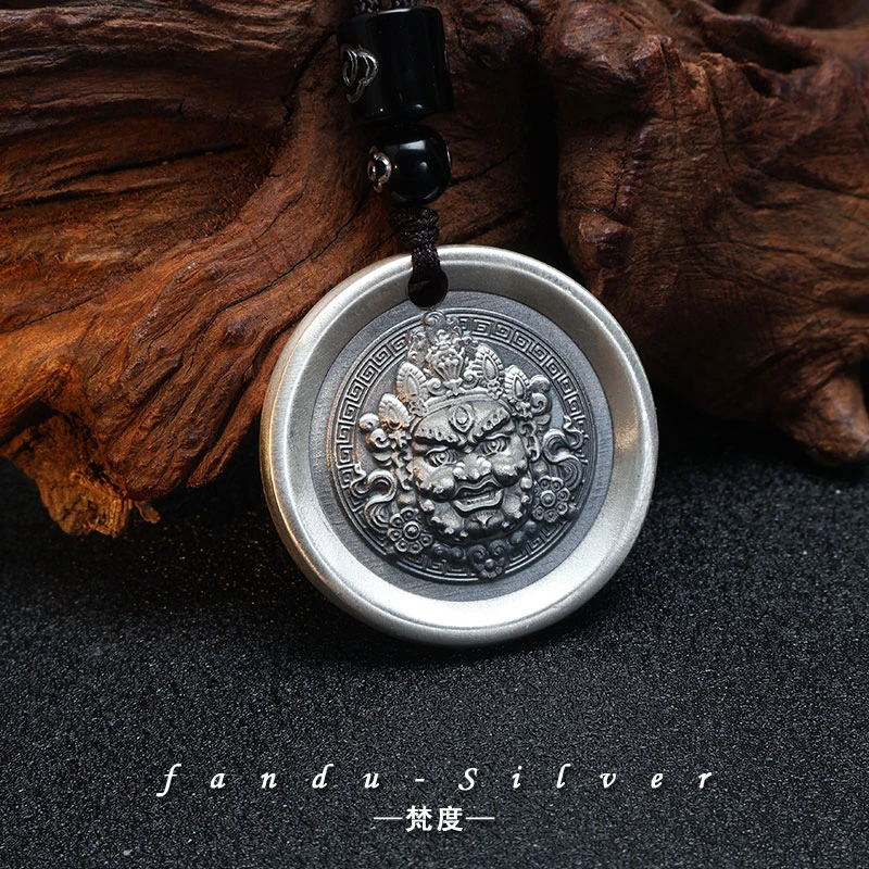 吊坠足银 足银999.9黄财神吊坠复古做旧吉言实心圆牌双面挂坠