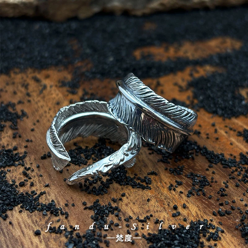 925银戒指 做旧羽毛戒指男女情侣款日韩风潮流个性时尚可调节指环