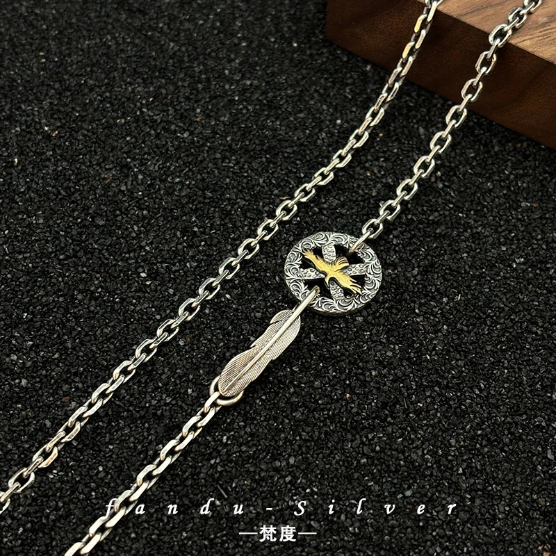 链子925银 纯银十字轮羽毛扣太角链男女款复古做旧百搭个性高级感