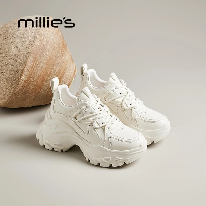 妙丽厚底老爹鞋女2024新款秋冬真皮透气小白鞋增高时尚百搭休闲鞋