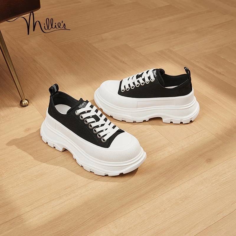 MILLIE'S妙丽休闲松糕低帮厚底板鞋女2025夏季新款软底增高运动鞋