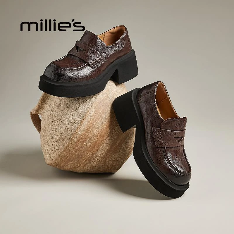millie's妙丽乐福鞋女厚底2024新款秋季高跟英伦风小皮鞋粗跟单鞋