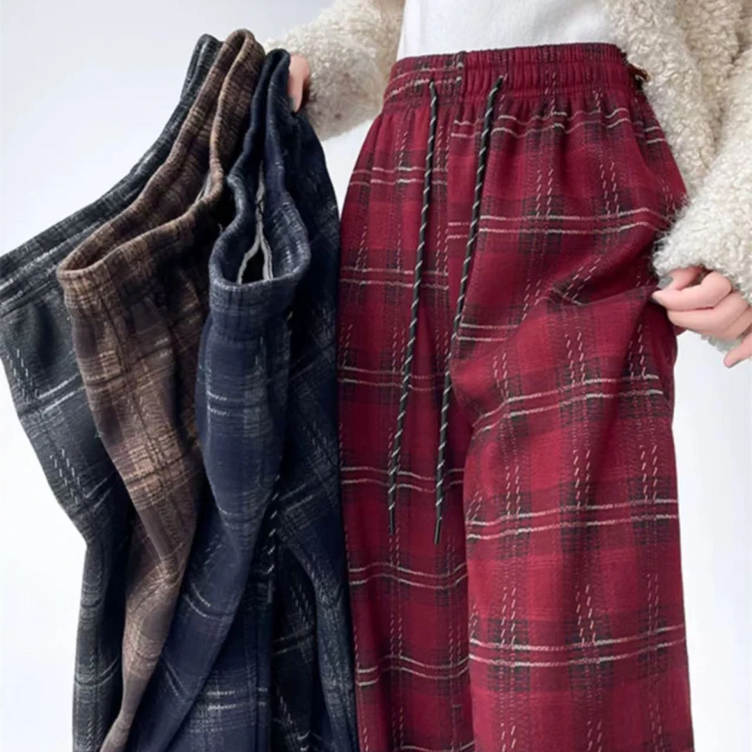 K2351 加绒加厚格子宽松加厚直筒休闲阔腿裤 Q530-24113011