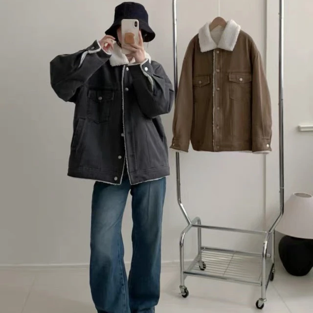 K2377 加绒加厚ins复古厚款翻领慵懒风牛仔外套 CA15001