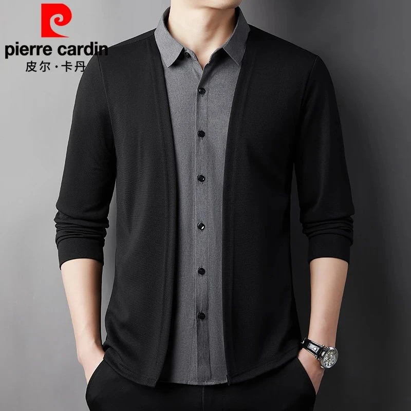 秋季新款假两件开衫男士纯色上衣衬衫百搭休闲针织衫衬衣