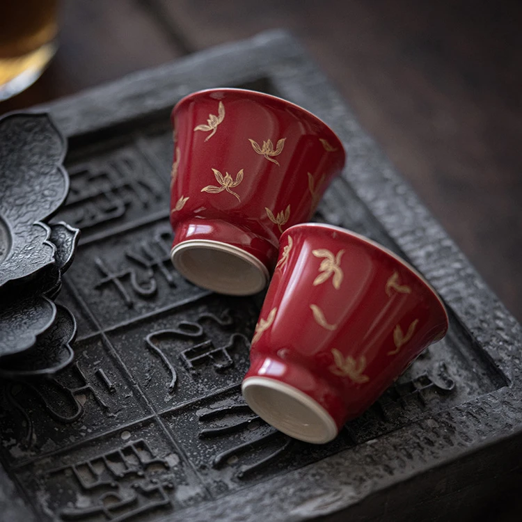 郎红茗品杯烫金功夫茶杯兰花杯陶瓷小茶杯闻香杯喝茶杯子故宫红杯