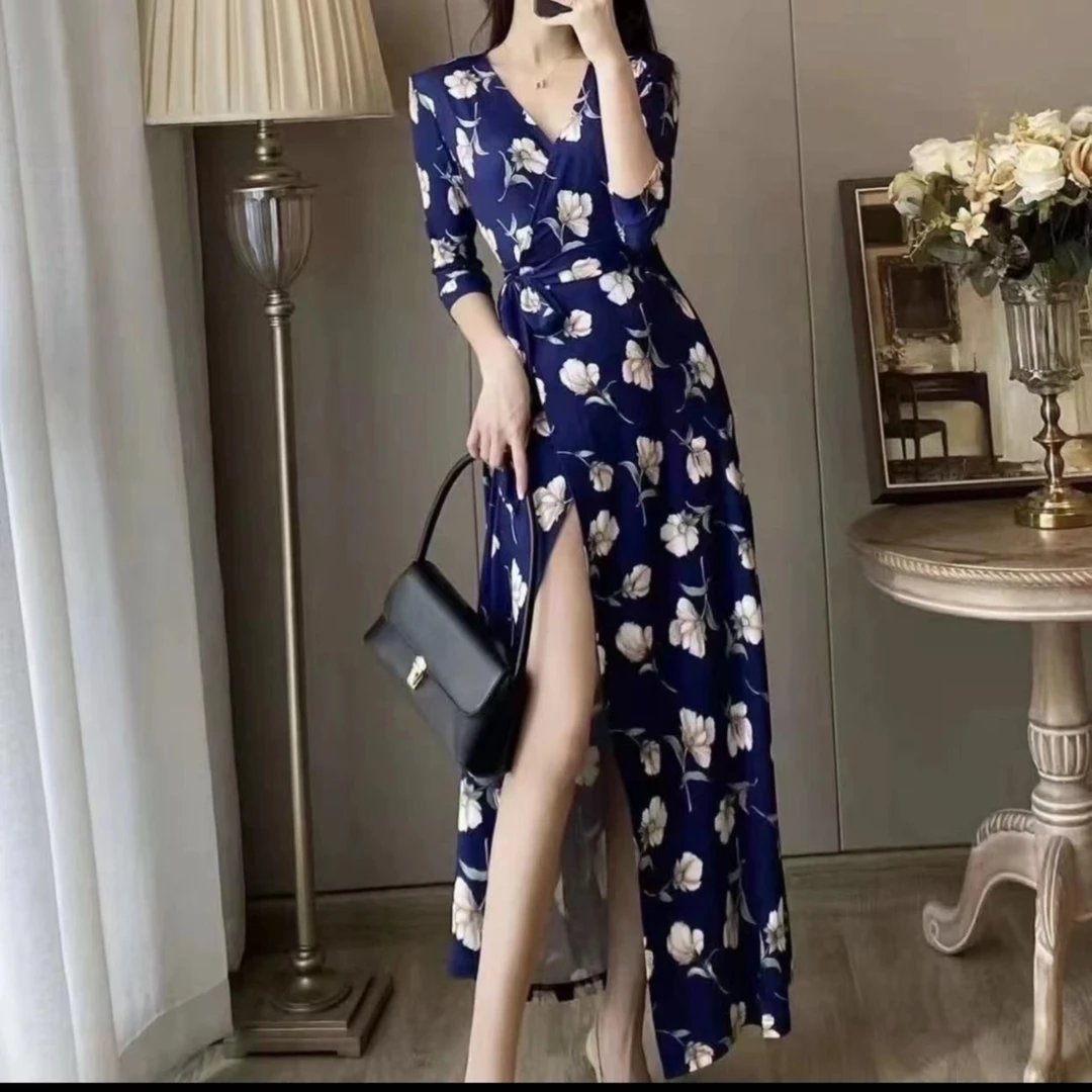 美美同款爆款牛奶丝印花绑带连衣裙