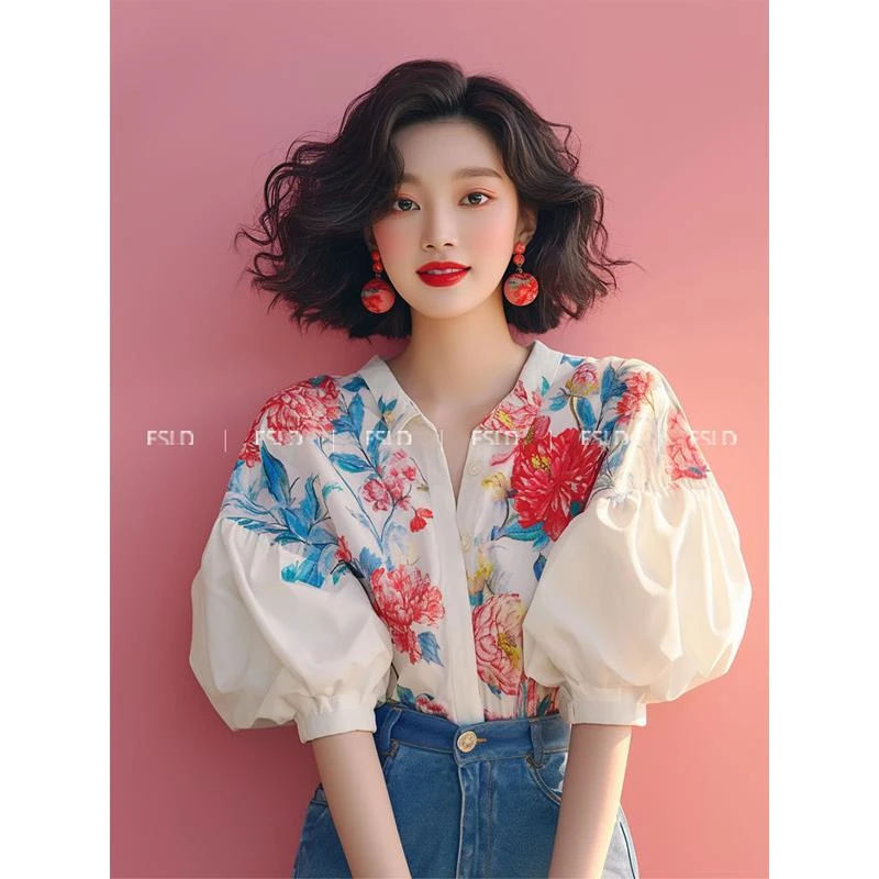 拉夏贝尔独特漂亮小衫淑女气质法式小上衣泡泡袖碎花衬衫2024新款