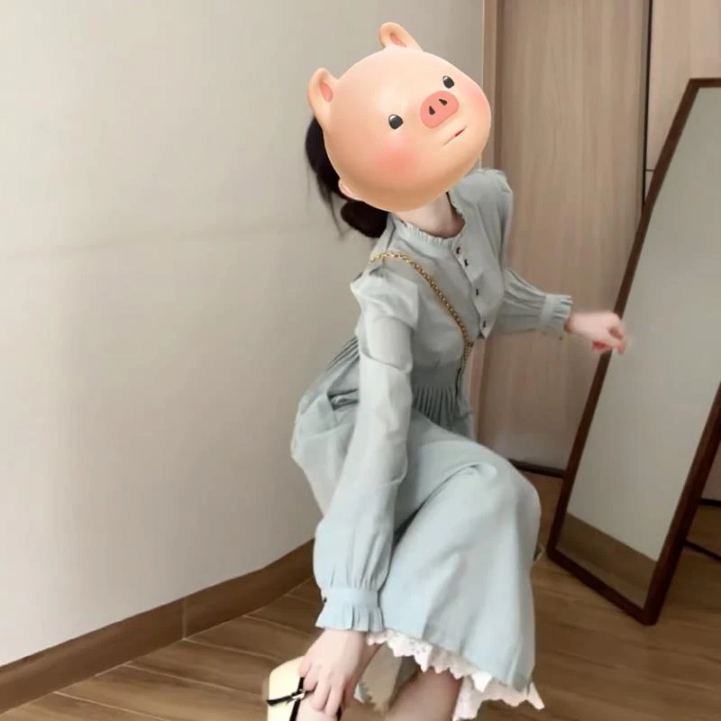 拉夏贝尔法式蓝色长袖衬衫连衣裙子女装早秋季2024新款温柔风气质