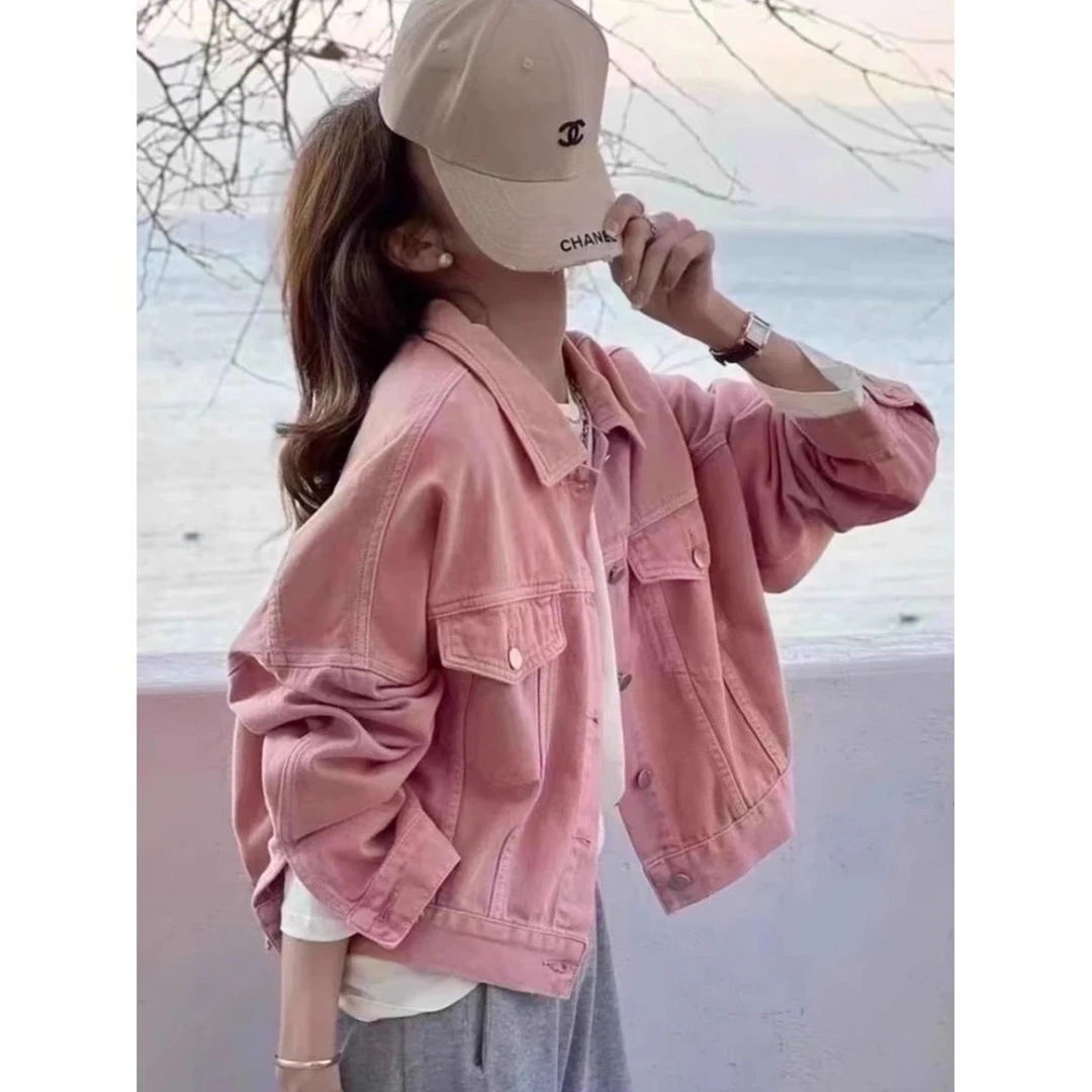 粉色牛仔外套女2024早秋新款小个子时尚百搭宽松显瘦短款外搭上衣
