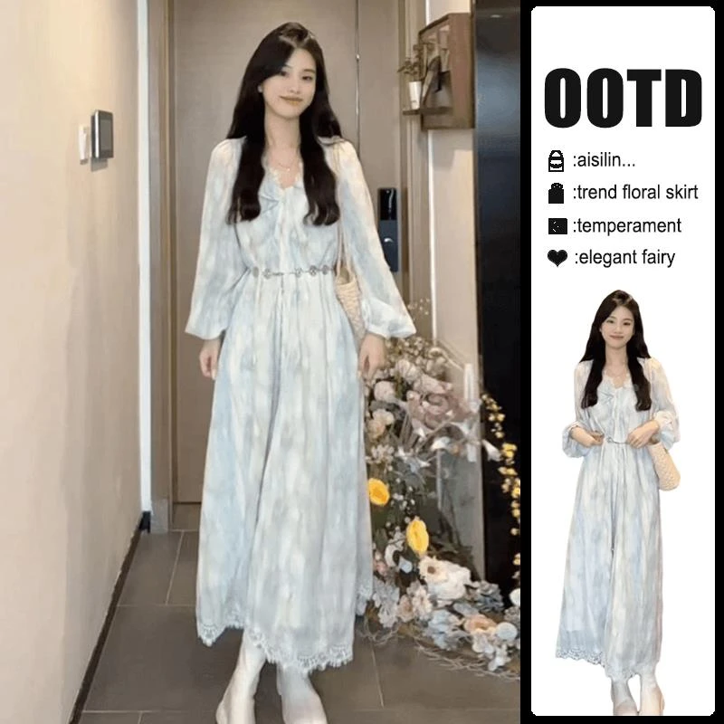 法式长袖新中式扎染蓝色连衣裙子女早秋季2024新款气质长裙小个子