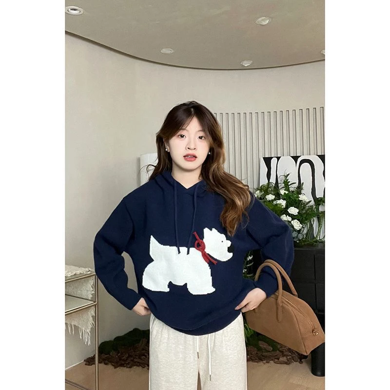 小狗连帽上衣套头针织毛衣冬季秋冬慵懒新款宽松