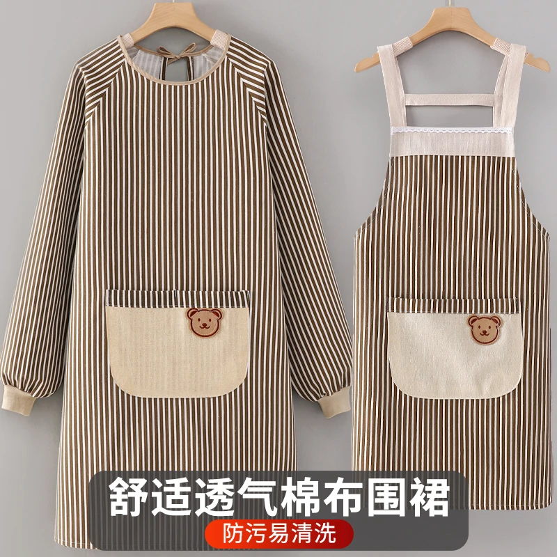 棉布围裙厨房长袖罩衣透气洋气网红男女同款时尚上班新款防污成人