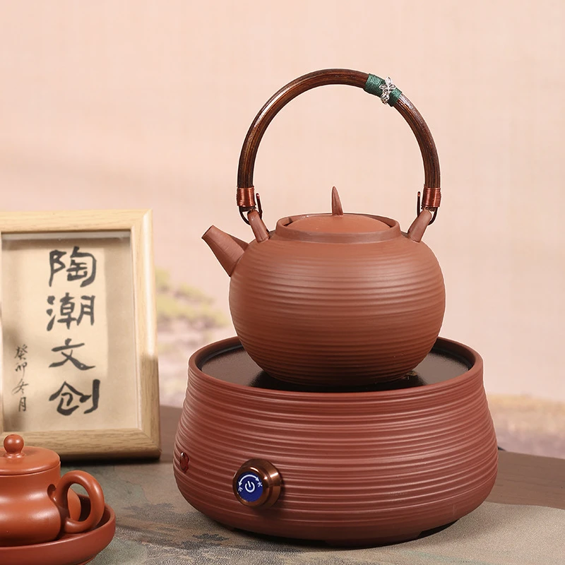 红泥功夫茶壶提梁砂铫茶室围炉潮汕户外泡茶烧水壶家用陶土砂铫壶