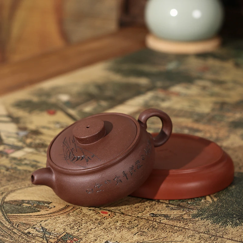 宜兴家用朱泥宽口壶潮州泡茶壶刻字三杯功夫茶工夫小茶壶宜兴朱泥