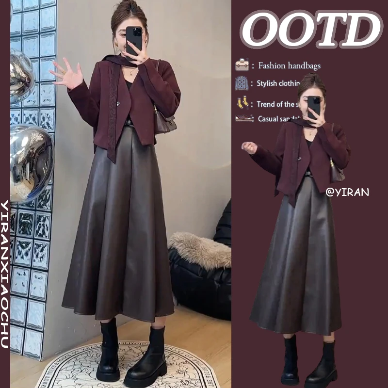 减龄一整套穿搭2024新款安可拉红西装外套百搭高腰半身裙两件套潮