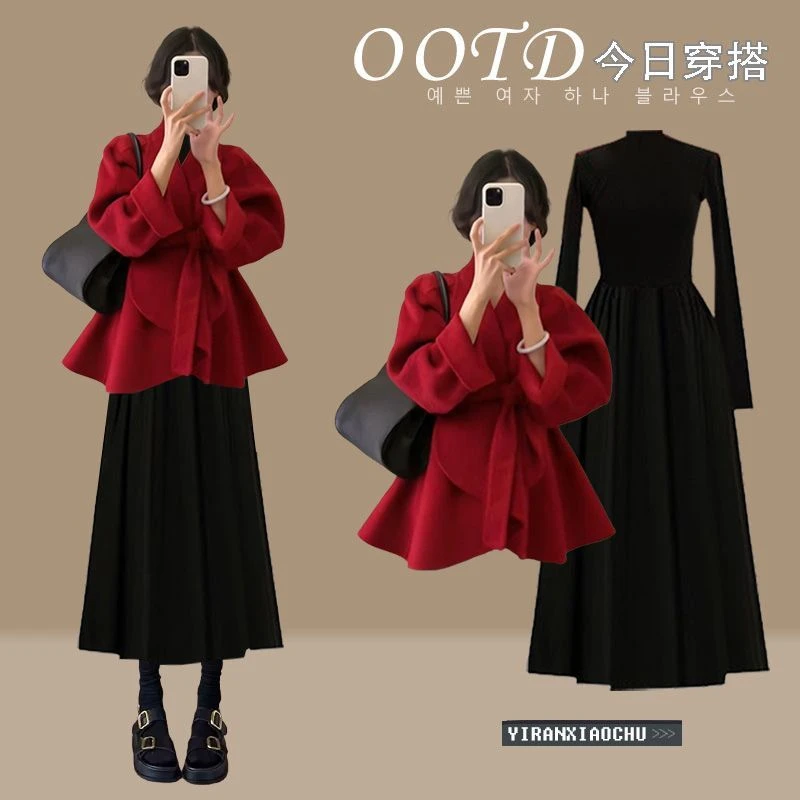 2024秋冬款安可拉红一整套女宽松气质开衫绑带外套连衣裙两件套潮
