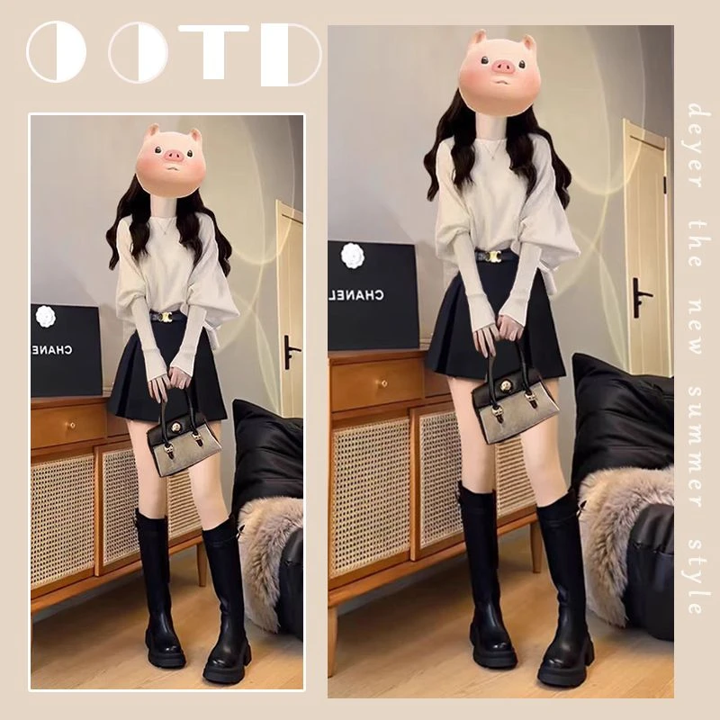 冬季穿搭一整套女2024新款韩版宽松保暖毛衣高腰遮肉半身裙两件套