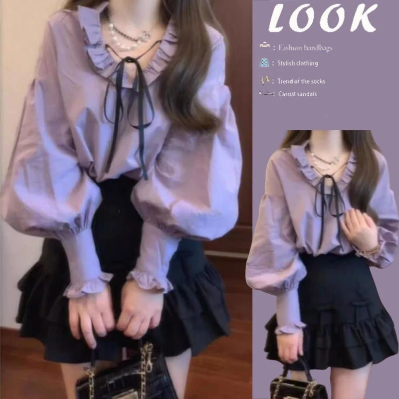 早秋穿搭一整套女2024新款韩版洋气减龄泡泡袖衬衫半身裙两件套装