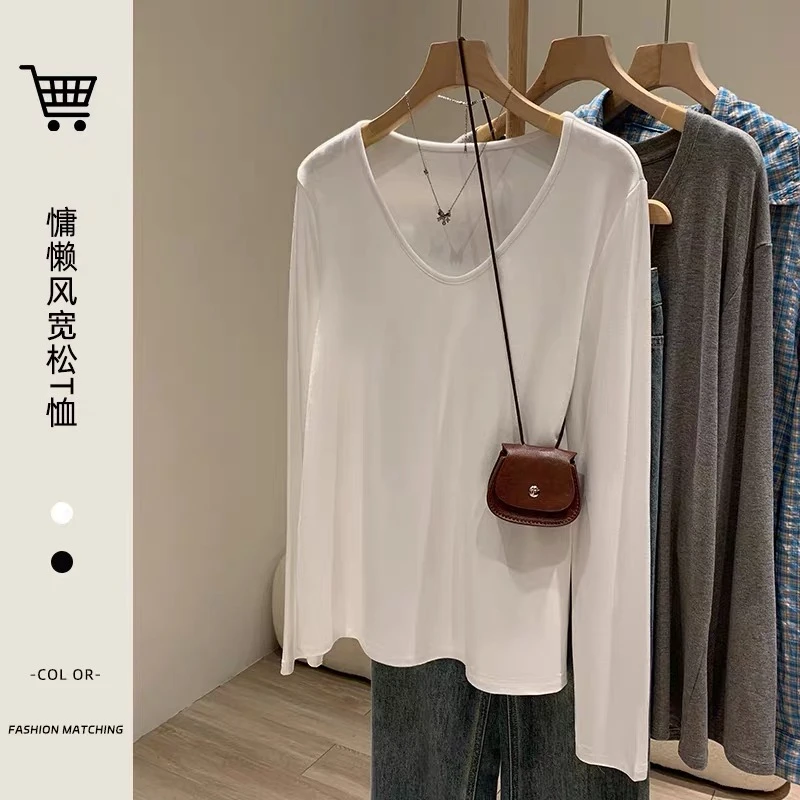 慵懒感白色V领露锁骨长袖打底衫女秋冬新款T恤宽松百搭基础款上衣
