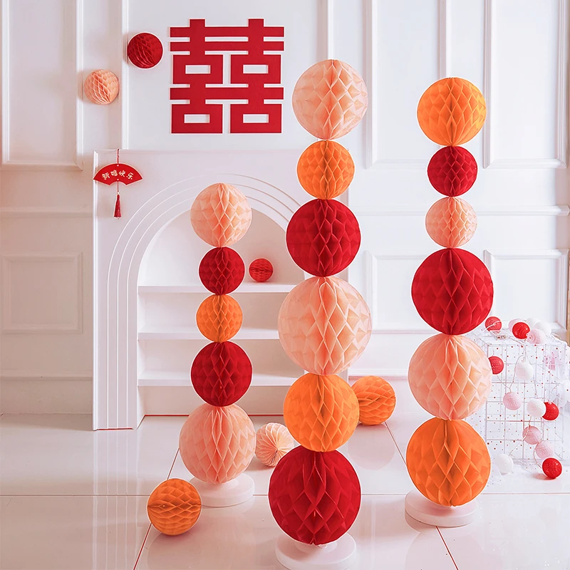 婚房布置新房卧室时尚简约大气客厅男方女方背景墙拉花蜂窝球立柱