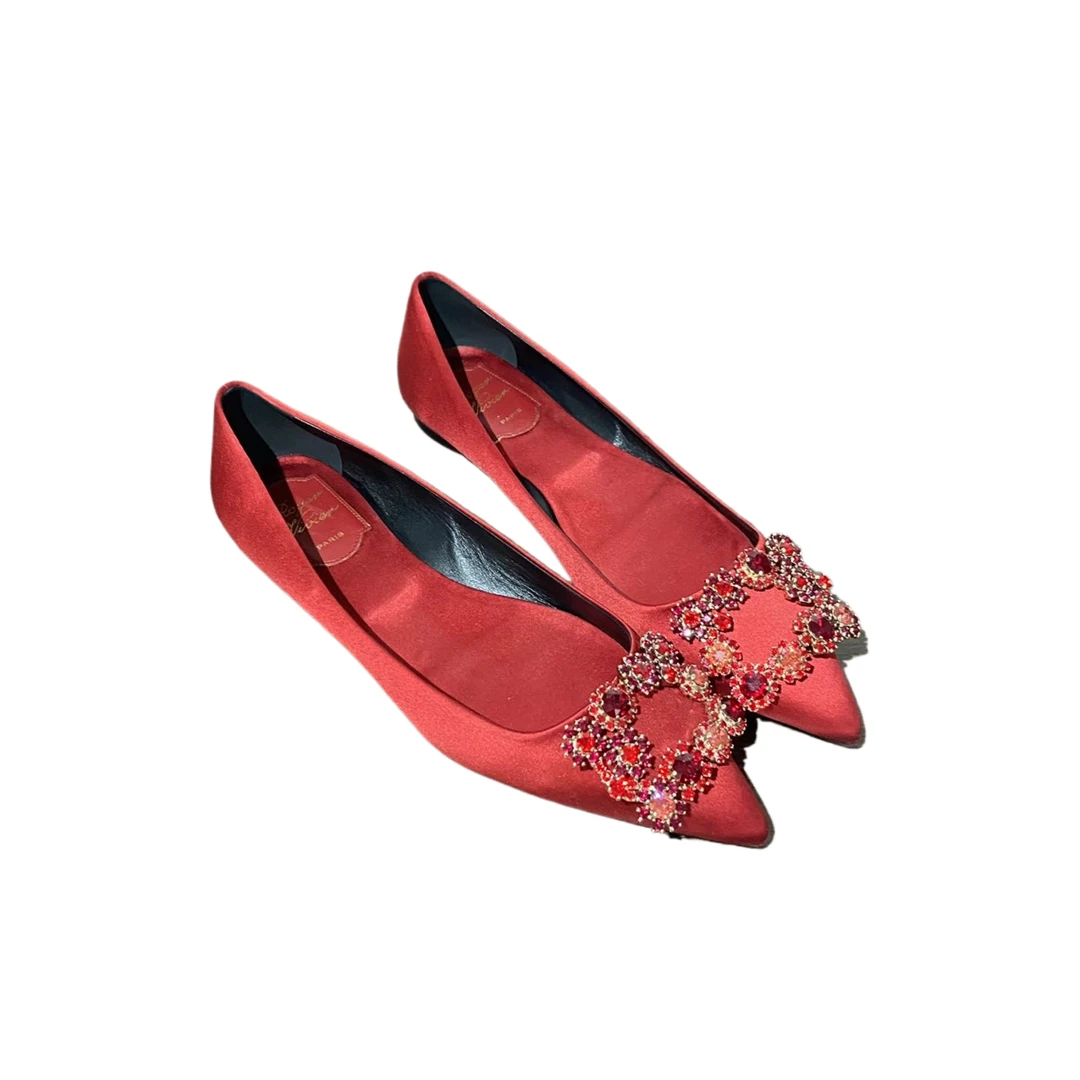 95新 Roger Vivier/罗杰·维威耶 36.5码 红色方钻平底婚鞋 re8231
