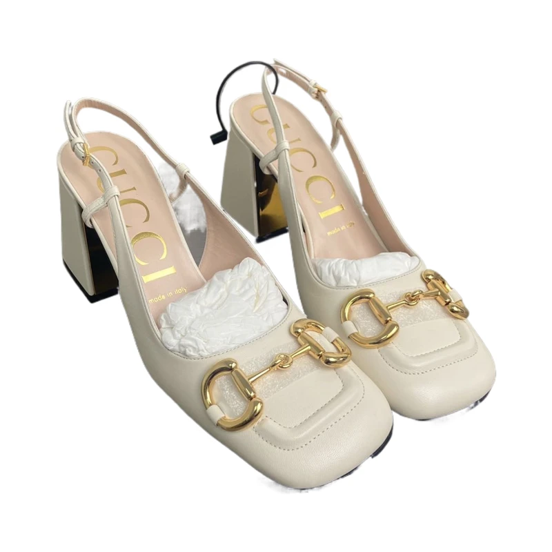 （全新）38码 GUCCI/古驰 白色方头马衔扣粗跟高跟鞋  re7892