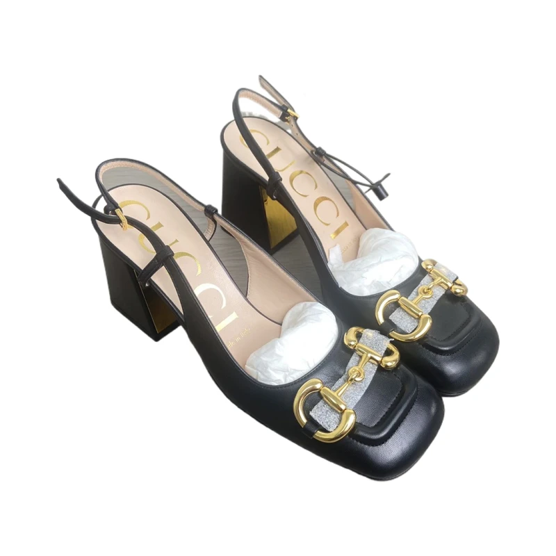 （全新）35.5码 GUCCI/古驰 黑色方头马衔扣粗跟高跟鞋 re7891