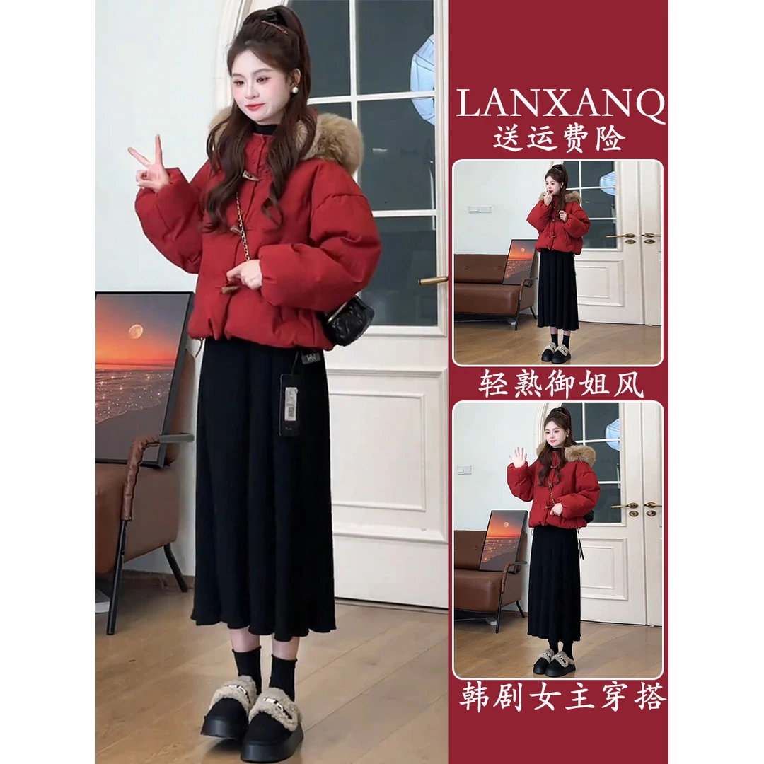 韩系搭配一整套冬装小个子温柔穿搭独特绝美设计感连帽棉服两件套