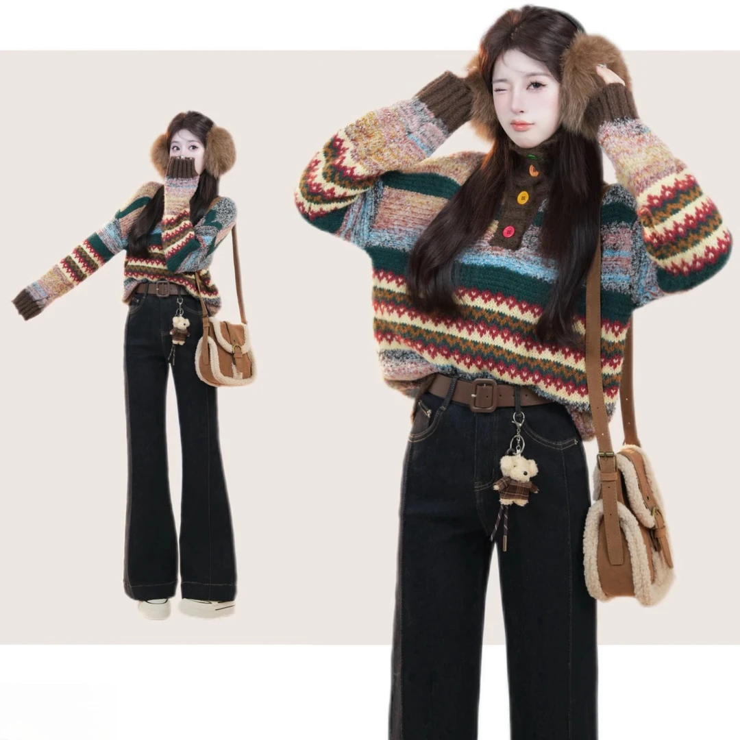 费尔岛彩色条纹宽松套头翻领外穿毛衣女士慵懒高级感加厚打底内搭