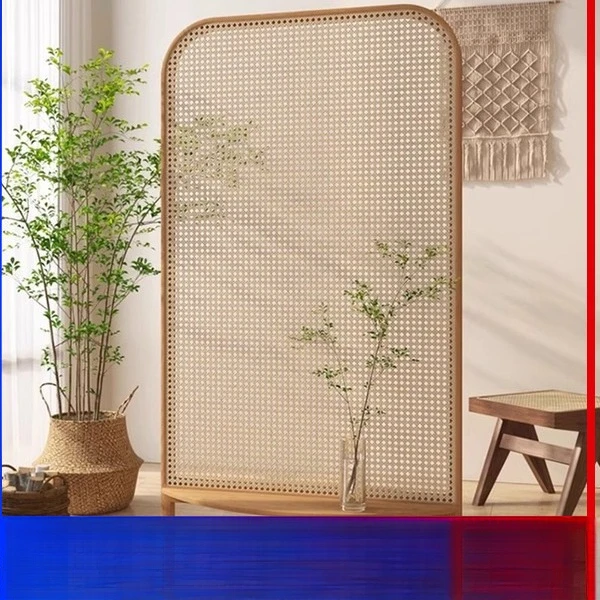 北欧可移动藤编座屏现代简约家用卧室置物架侘寂隔断餐厅原木屏风