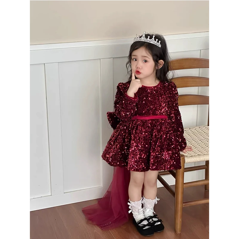 【本妈】秋季“浪漫舞曲”韩版女童亮片大蝴蝶结拖尾连衣裙88065