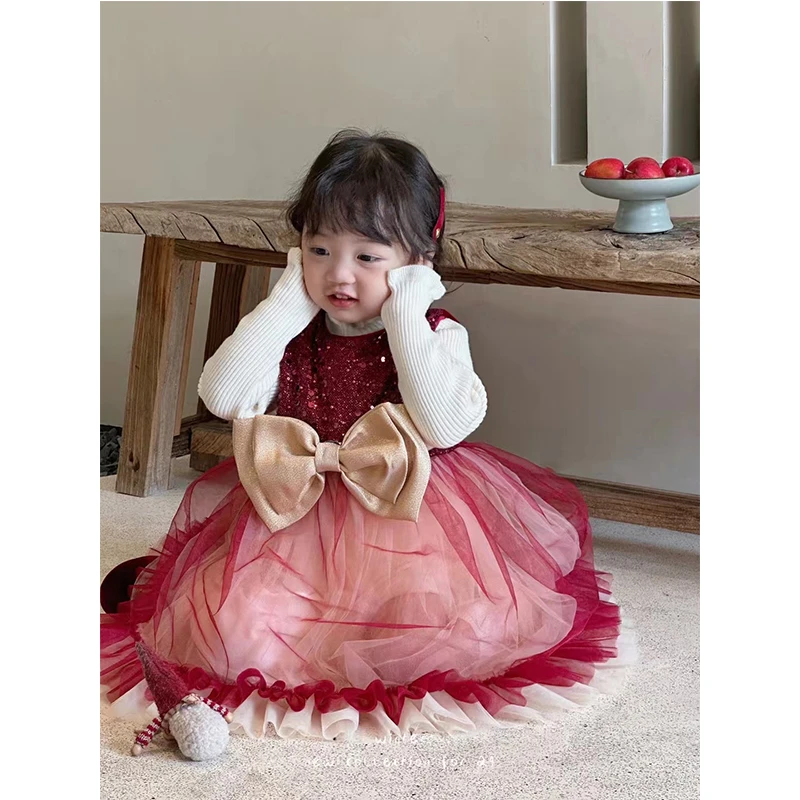 【本妈】24冬”香榭颂"女童针织上衣+加绒无袖亮片蝴蝶结连衣裙X187