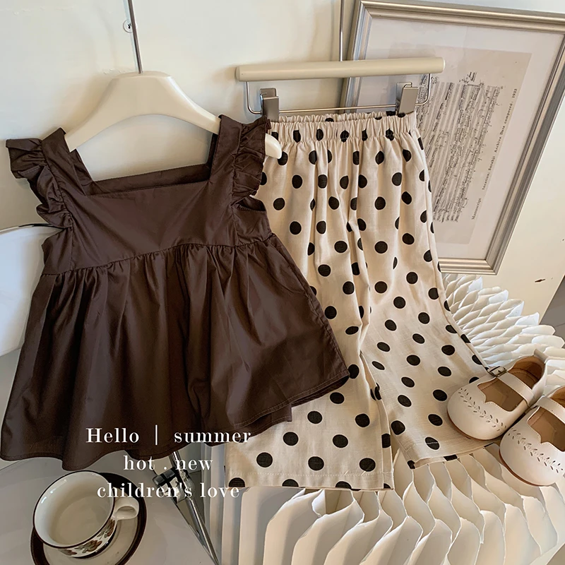 【本妈】2024春“韩系小姐姐~”韩版女童飞袖上衣+波点裤子YQ030