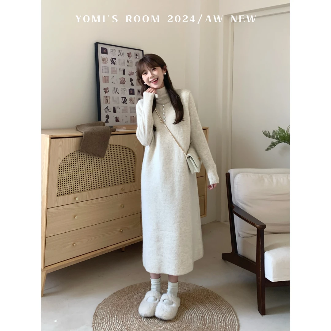 YOMI小个子定制【浅雪山茶】简约兔毛绵羊毛小众百搭连衣裙冬季新款