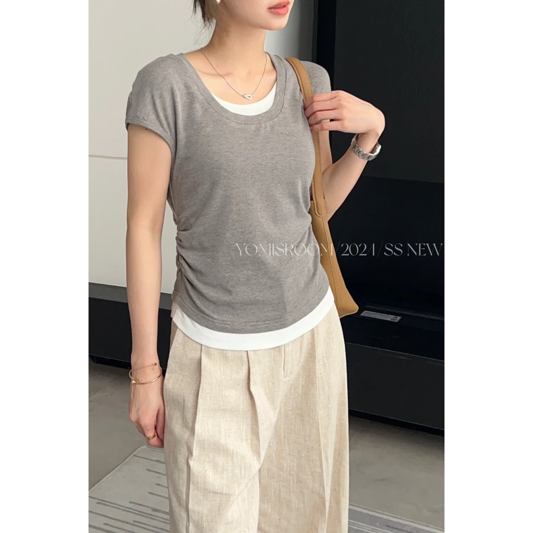 YOMI小个子定制【心动信号】小众时尚拼接设计假两件U领褶皱T恤上衣