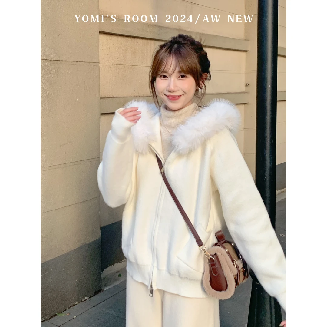 YOMI小个子定制【雪域迷城】大毛领连帽温柔百搭毛衣外套女冬季新款