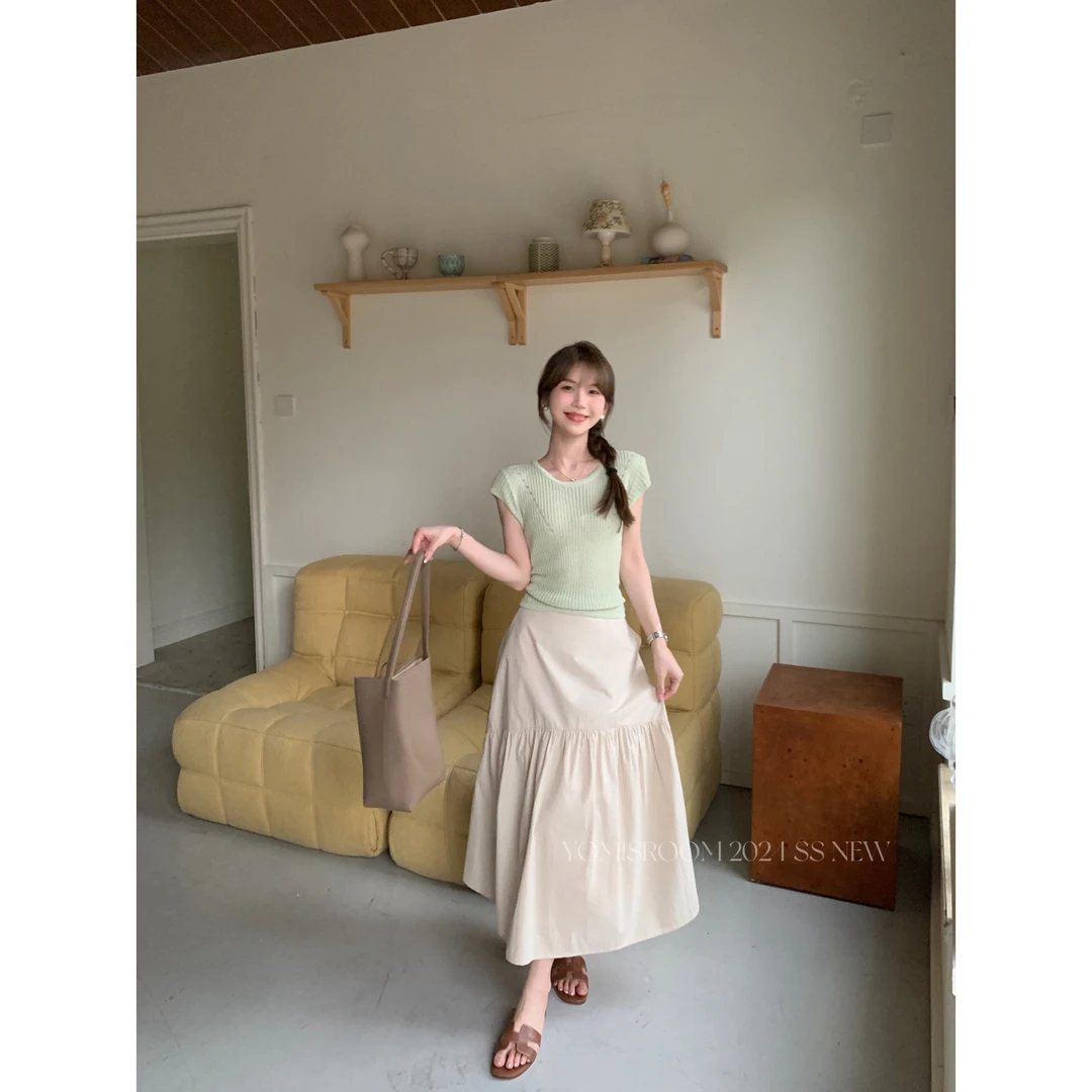 YOMI小个子定制【告白讯息】夏季百搭碎褶分割设计高腰宽松半身裙