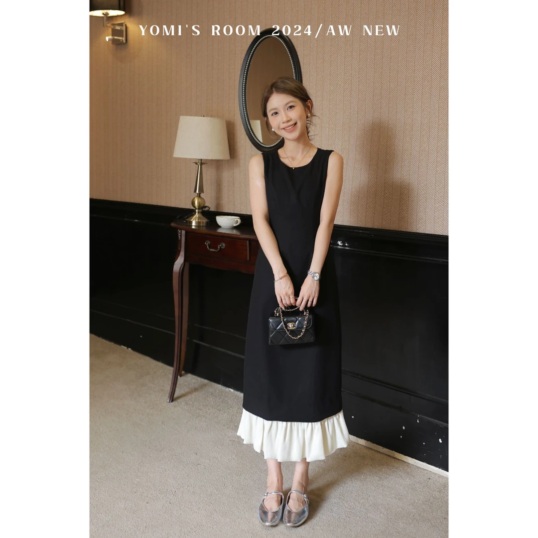 YOMI小个子定制【枫糖黑巧】显瘦设计感小众黑色拼接连衣裙女秋季