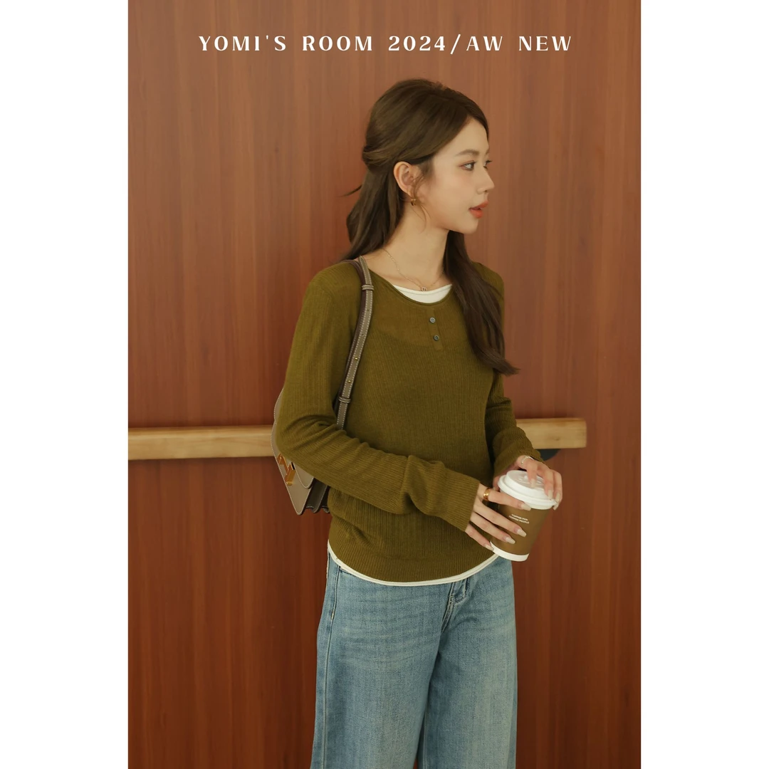 YOMI小个子定制【绿隐藏蝶】芥末绿小众百搭显瘦毛衣上衣秋季新款