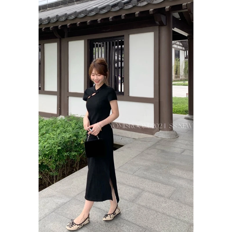 YOMI小个子定制【醉墨凉亭】复古国风新中式盘扣镂空设计感连衣裙
